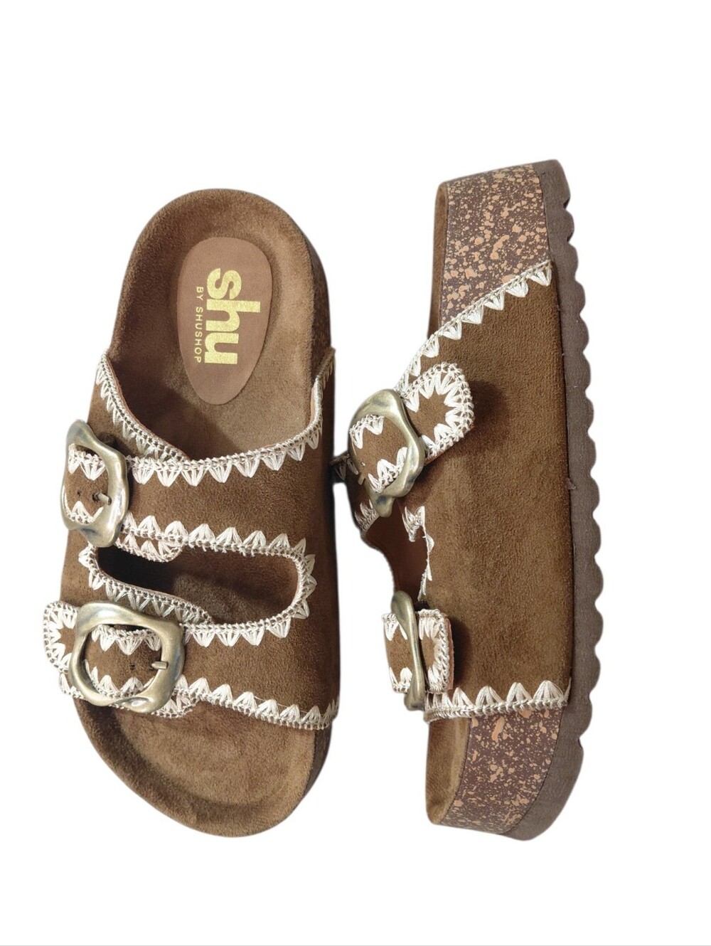 ShuShop Brown Suede Platform Embroidered Slide Mule Sandals